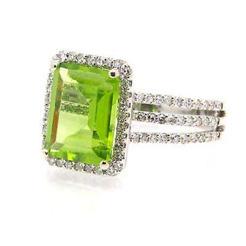 Huge Emerald Peridot And Diamond Pave Ring 6.18cttw, 14K White Gold, Size 5.25