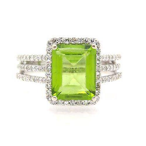 Huge Emerald Peridot And Diamond Pave Ring 6.18cttw, 14K White Gold, Size 5.25
