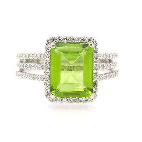 Huge Emerald Peridot And Diamond Pave Ring 6.18cttw, 14K White Gold, Size 5.25