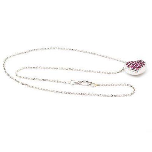 14K White Gold 0.75cts Ruby Heart Pendant Necklace Hand Cut Pave, 18in Length