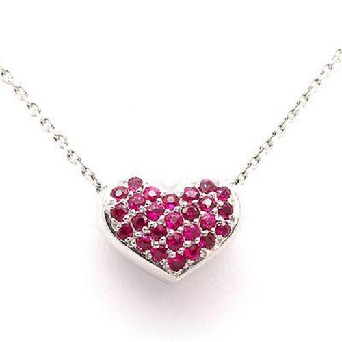 14K White Gold 0.75cts Ruby Heart Pendant Necklace Hand Cut Pave, 18in Length