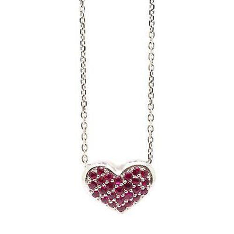 14K White Gold 0.75cts Ruby Heart Pendant Necklace Hand Cut Pave, 18in Length