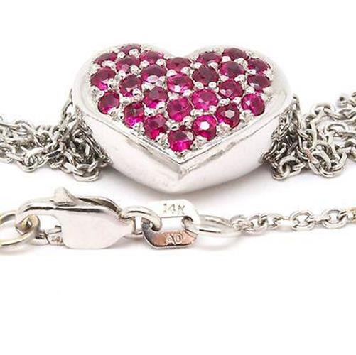 14K White Gold 0.75cts Ruby Heart Pendant Necklace Hand Cut Pave, 18in Length