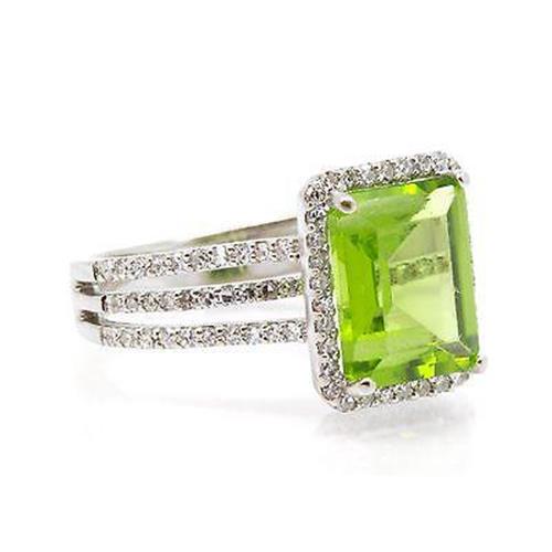 Huge Emerald Peridot And Diamond Pave Ring 6.18cttw, 14K White Gold, Size 5.25