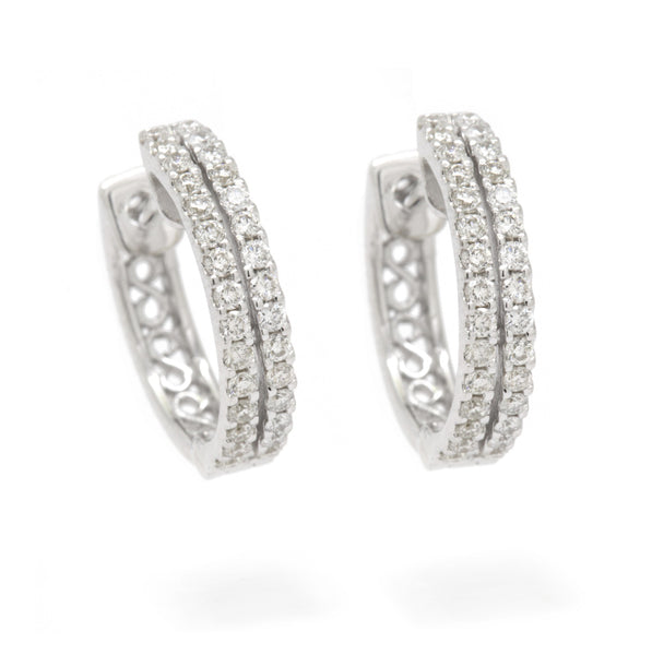 Chic 0.60cts Double Row Pave Diamond Huggie Hoop Earrings VS F-G 14K White Gold
