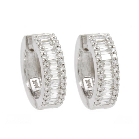 1.05cttw Pave Round And Baguette Diamond Huggie Hoop Earrings 14K White Gold VS2