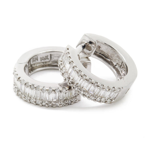 1.05cttw Pave Round And Baguette Diamond Huggie Hoop Earrings 14K White Gold VS2