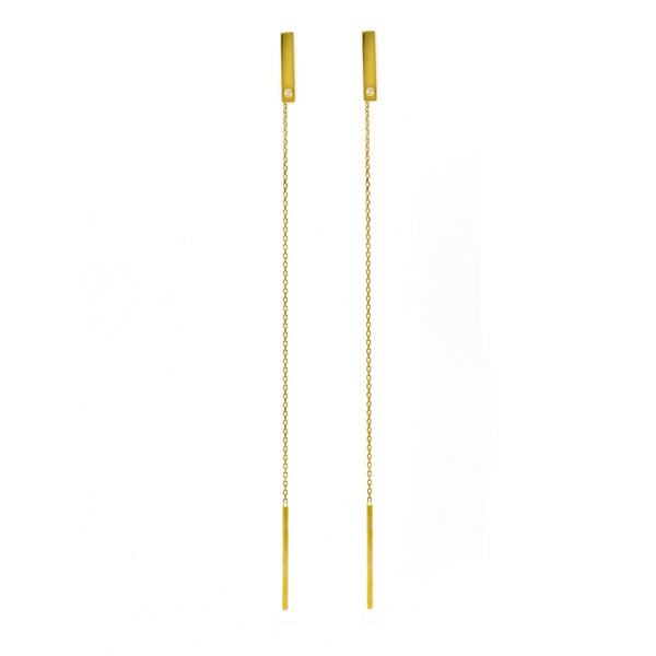 Elegant Threader Dangling Bar Earrings 18K Yellow Gold 0.02ct Diamond