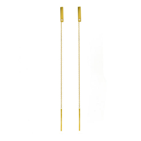 Elegant Threader Dangling Bar Earrings 18K Yellow Gold 0.02ct Diamond