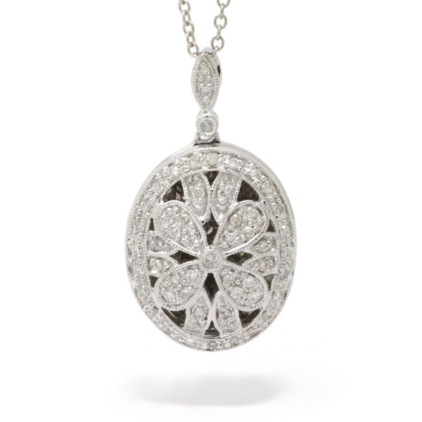 Floral 0.27cts Diamond Oval Photo Locket Necklace Pendant 14K White Gold