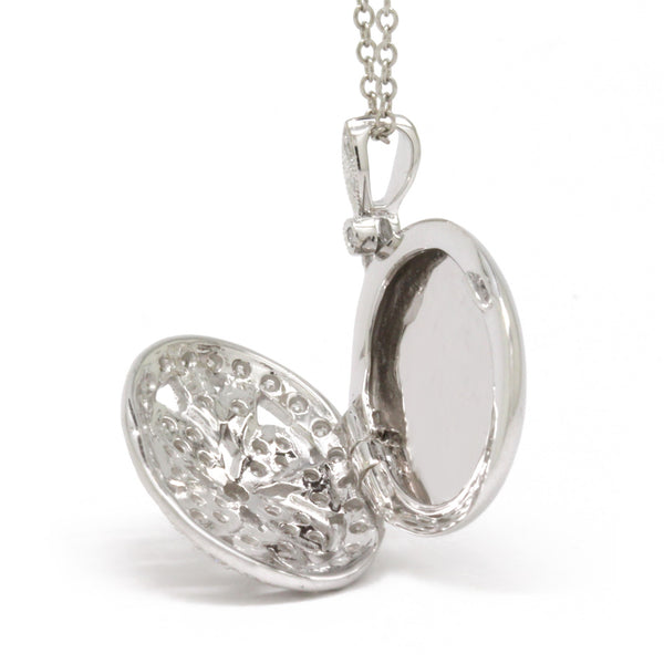 Floral 0.27cts Diamond Oval Photo Locket Necklace Pendant 14K White Gold