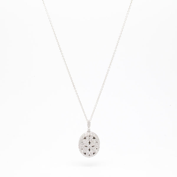 Floral 0.27cts Diamond Oval Photo Locket Necklace Pendant 14K White Gold