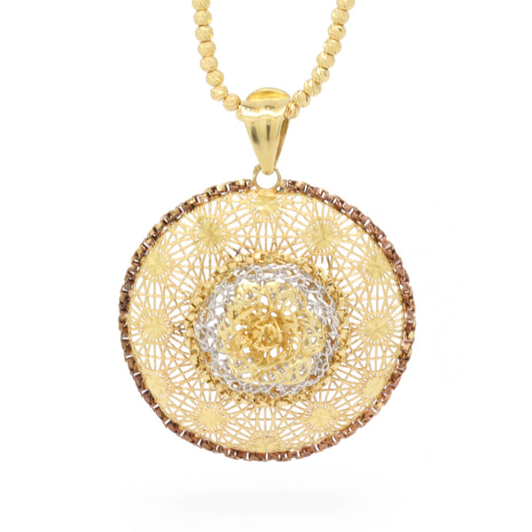 18K Yellow Gold Vintage Diamond-Cut Handmade Radial Necklace Pendant, 18 in L