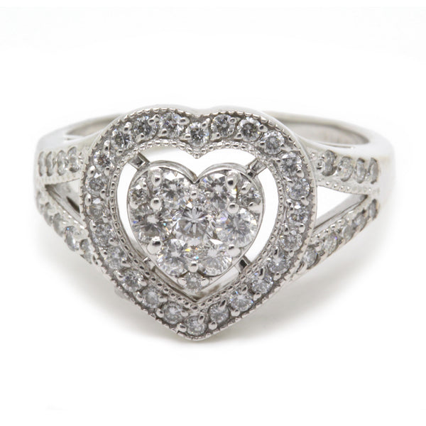 Delightful 0.73ct Diamond Pave Heart Cluster Ring Halo, 14K White Gold, Size 7