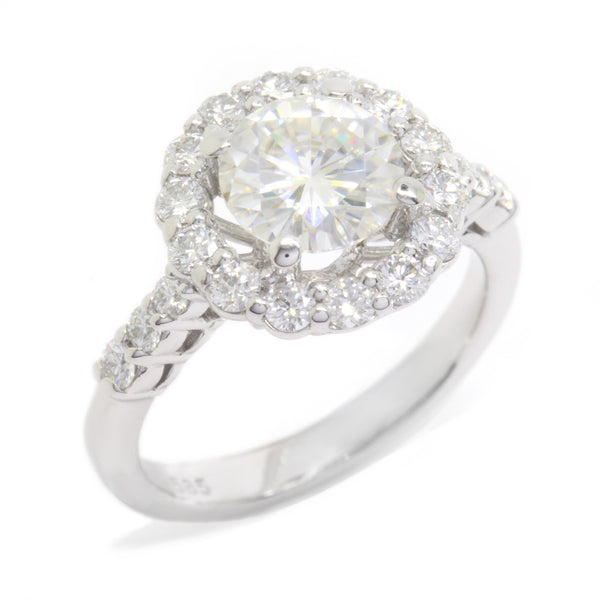 1.50ct Round Moissanite + 0.62ct Diamond Halo Engagement Ring 14k White Gold