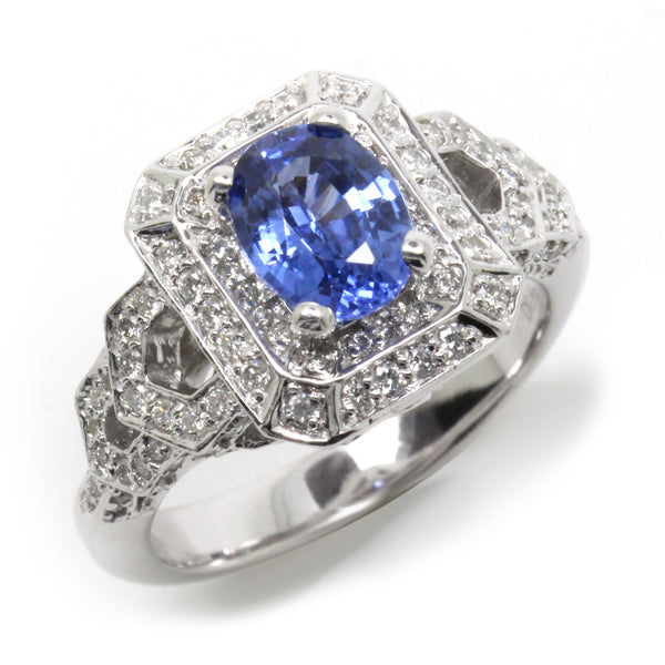 2.67cttw Oval VS Blue Sapphire Diamond Pave Halo Ring, 14K White Gold, Size 6.5