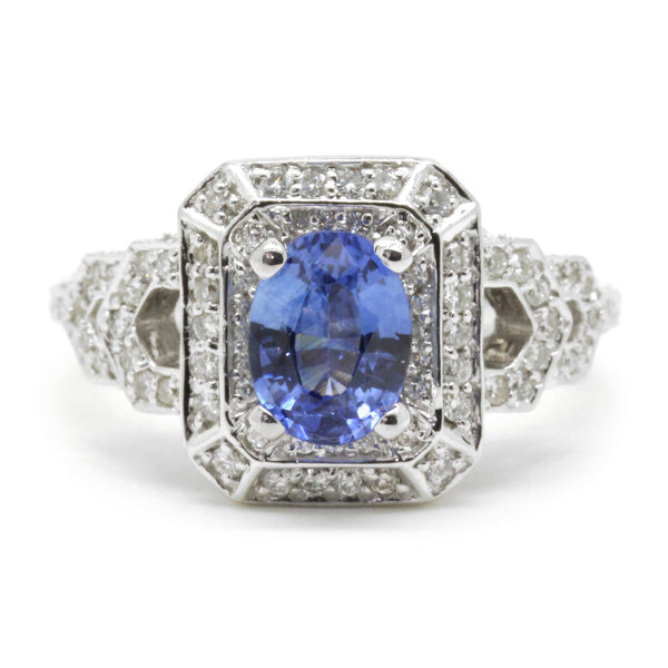 2.67cttw Oval VS Blue Sapphire Diamond Pave Halo Ring, 14K White Gold, Size 6.5