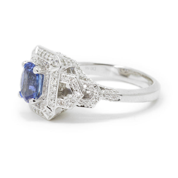 2.67cttw Oval VS Blue Sapphire Diamond Pave Halo Ring, 14K White Gold, Size 6.5