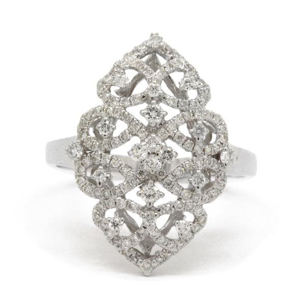 Fancy 0.88cts Diamond Ring Band Vintage Style Filigree, White Gold 14K, Size 8