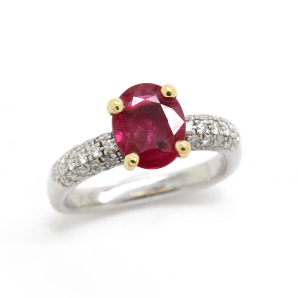 1.05ct Ruby 0.40cts Diamond Engagement Ring, Modern Euro Shank, 18K Gold, Size 5