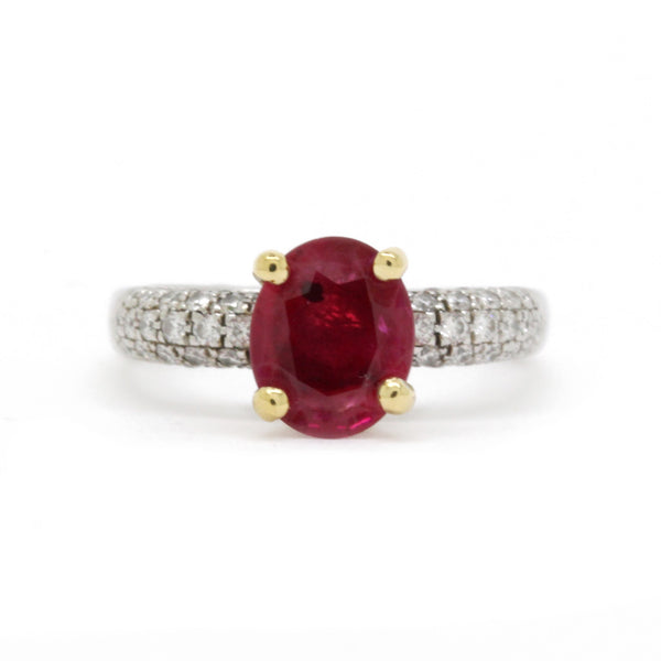 1.05ct Ruby 0.40cts Diamond Engagement Ring, Modern Euro Shank, 18K Gold, Size 5