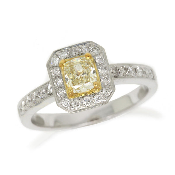 0.83cttw Halo Diamond Engagement Ring, Fancy Light Yellow Cushion 14K White Gold