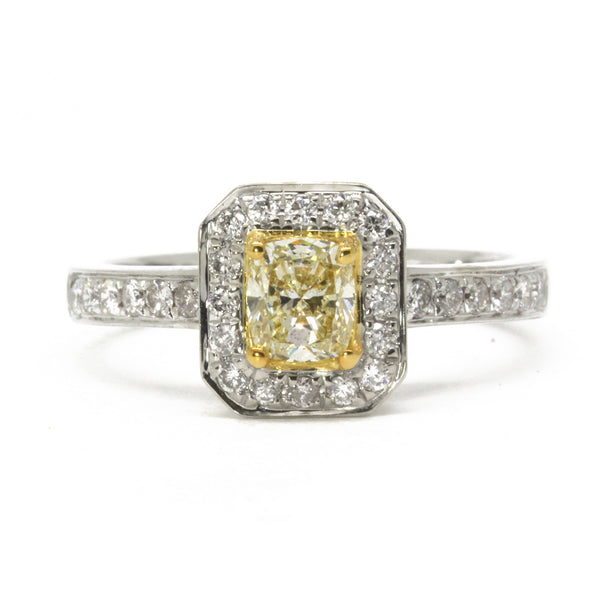 0.83cttw Halo Diamond Engagement Ring, Fancy Light Yellow Cushion 14K White Gold