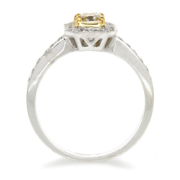 0.83cttw Halo Diamond Engagement Ring, Fancy Light Yellow Cushion 14K White Gold