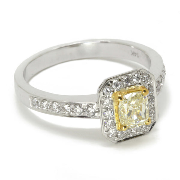 0.83cttw Halo Diamond Engagement Ring, Fancy Light Yellow Cushion 14K White Gold