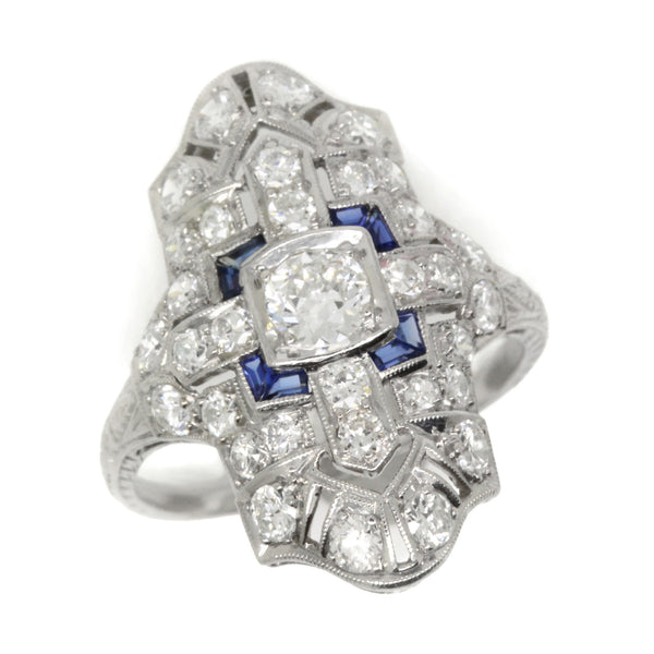 1.95cttw Art Deco Diamond Sapphire Engagement Ring, Vintage, Platinum, Size 7