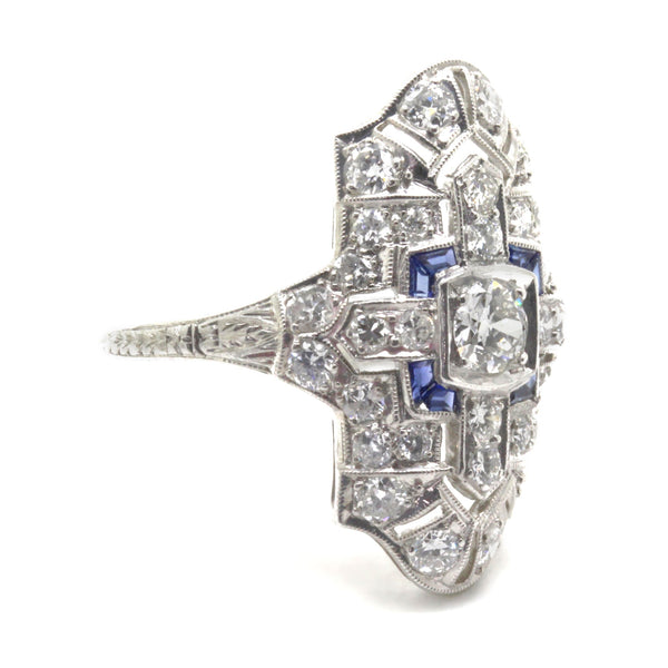 1.95cttw Art Deco Diamond Sapphire Engagement Ring, Vintage, Platinum, Size 7