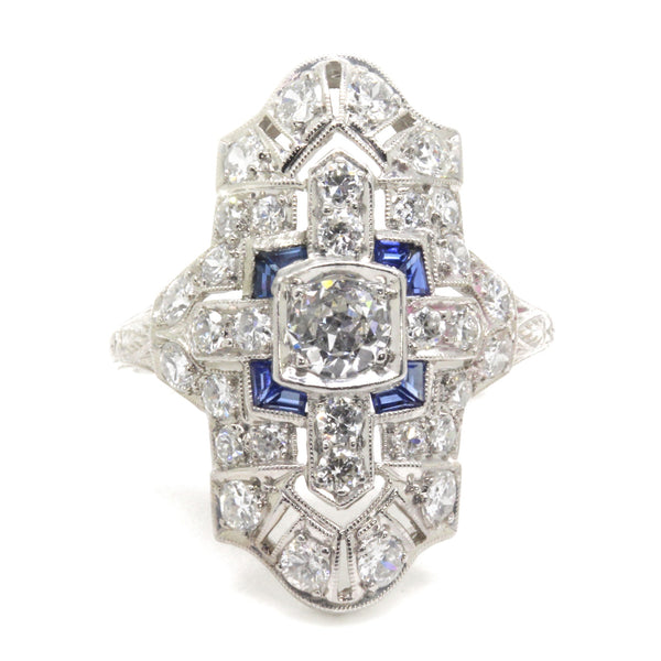 1.95cttw Art Deco Diamond Sapphire Engagement Ring, Vintage, Platinum, Size 7