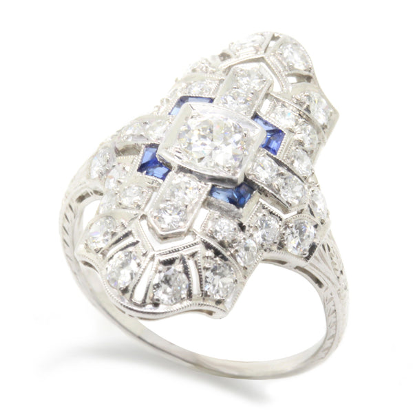1.95cttw Art Deco Diamond Sapphire Engagement Ring, Vintage, Platinum, Size 7