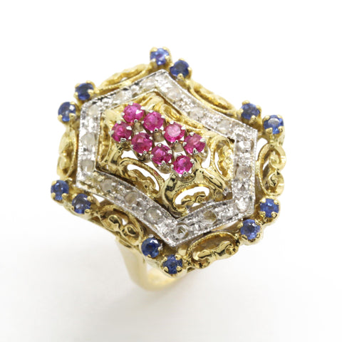 Bicolor 0.60cttw Vintage European Ring Art Deco Diamond Sapphire Ruby 18k Gold
