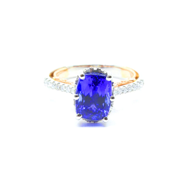 AGL 3.39ct Cushion Tanzanite Diamond Engagement Ring 18K Rose Gold 950 Platinum
